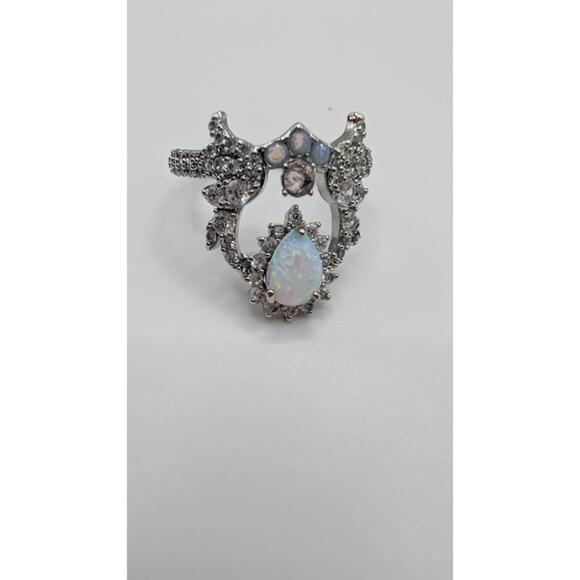 Elegant Opal and Crystal Silver Ring Size 9 - Picture 3 of 9